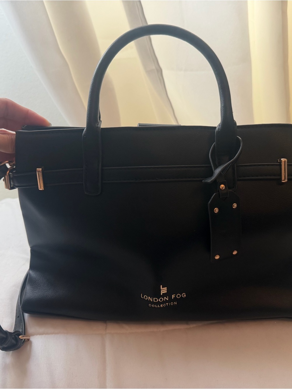 London Fog Black Leather Satchel with Gold Accents